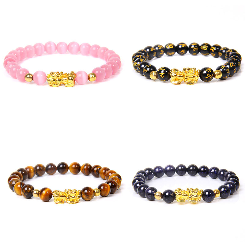 4pcs Men Feng Shui Luck Wealth Buddha Black Obsidian stone hombre Gold Charm Bracelet Gifts