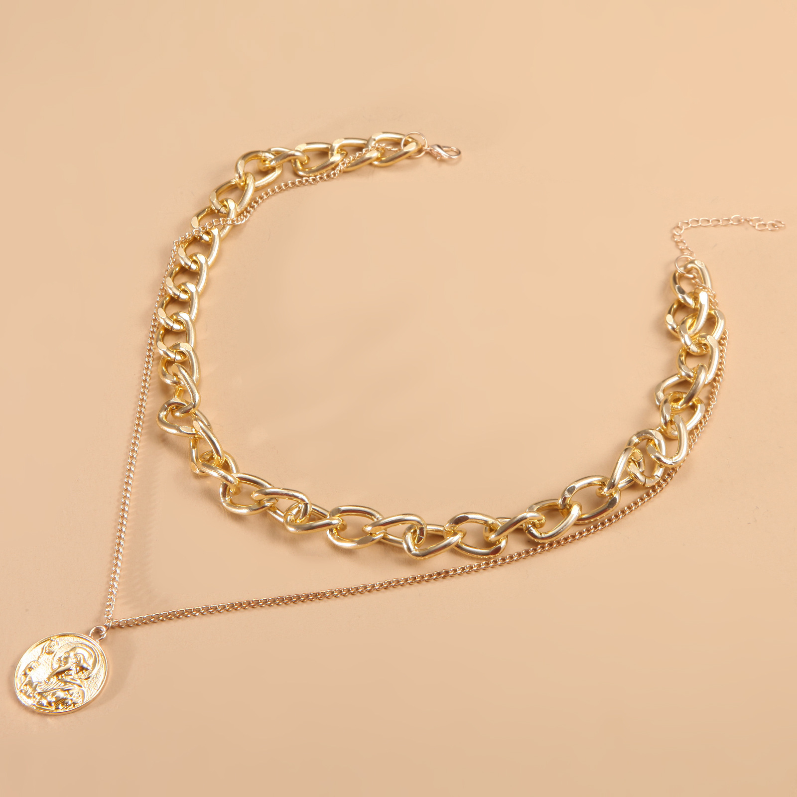Round brand avatar double layer Necklace ins hip hop cool style sweater chain Women Jewellery Gold