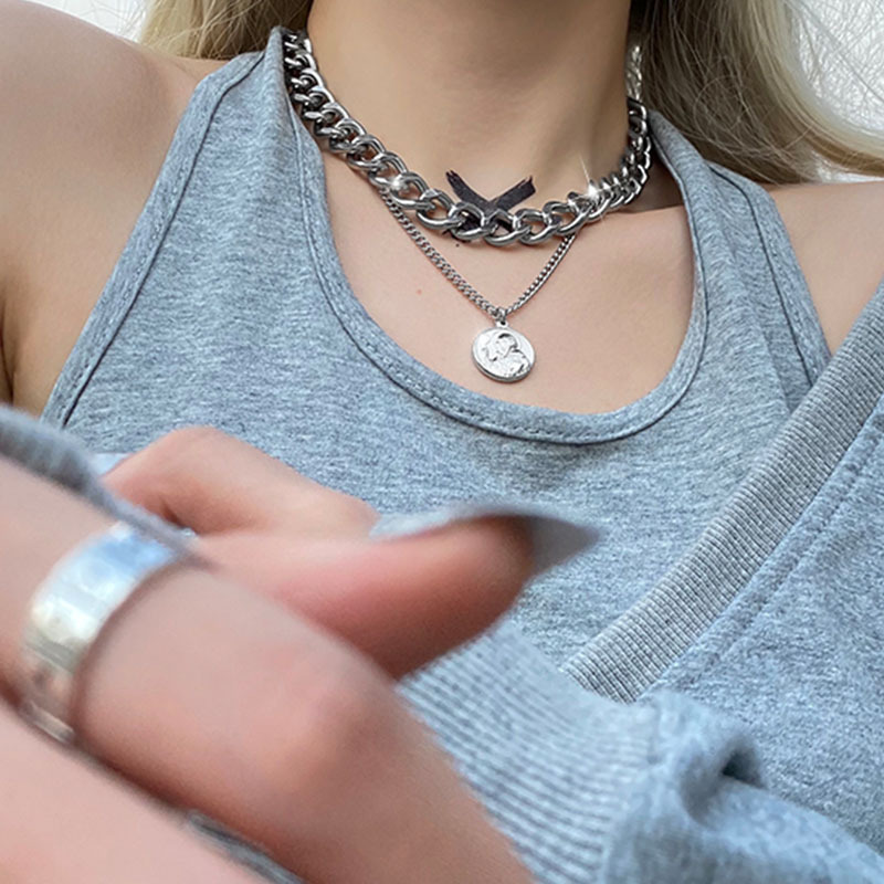 Round brand avatar double layer Necklace ins hip hop cool style sweater chain Women Jewellery Gold