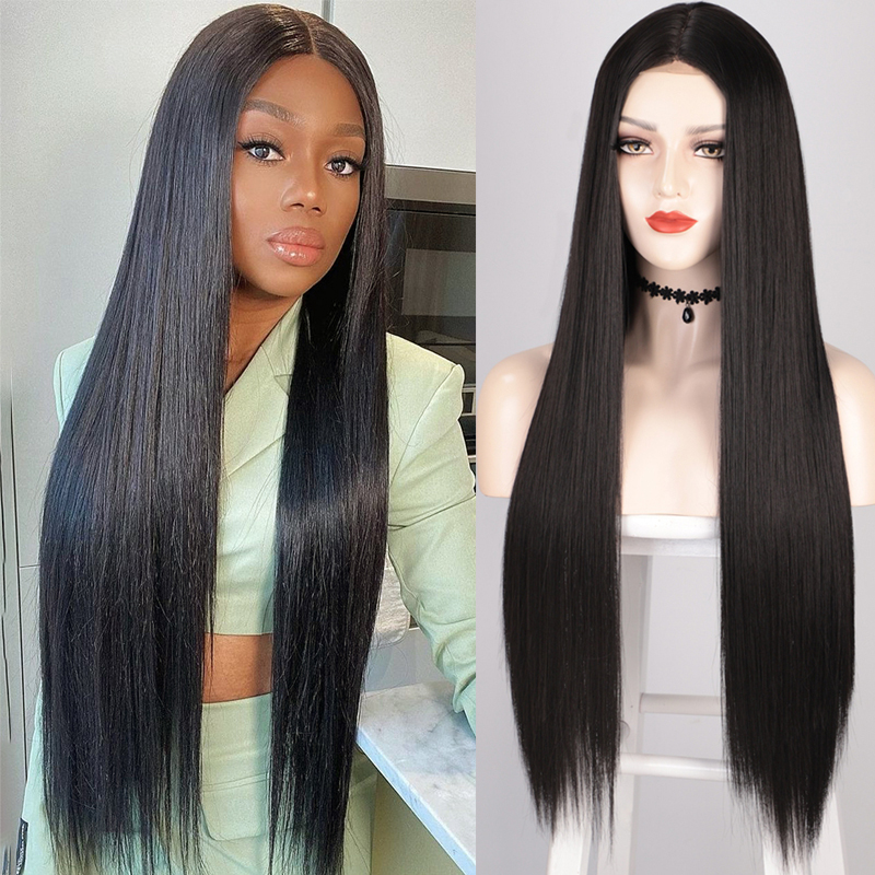 Long Straight Black wigs Synthetic Wigs for Women Middle Part Wig Heat Resistant Fiber Natural