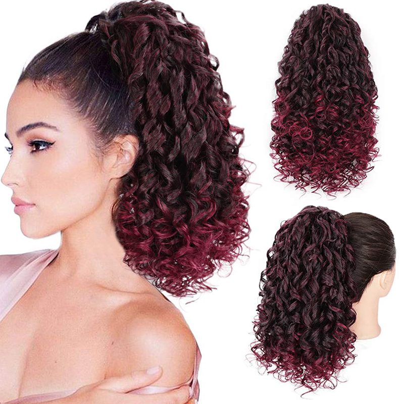 Long Kinky Curly Drawstring Ponytail for Black Women Black Mixed Red Color with Clip-in Hairpiece
