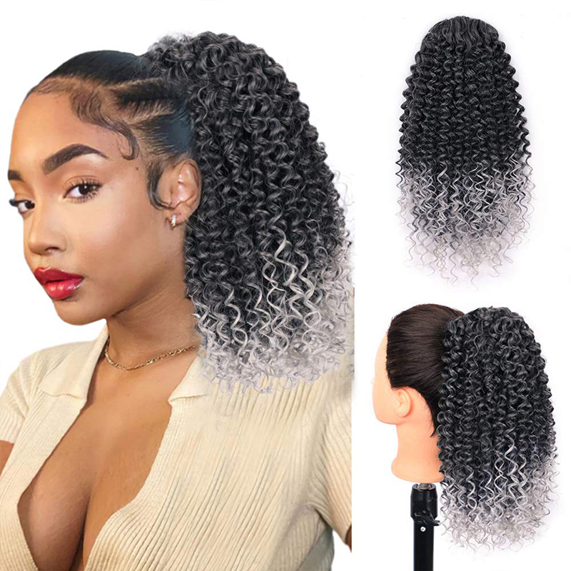Long Kinky Curly Drawstring Ponytail for Black Women Black Mixed Red Color with Clip-in Hairpiece