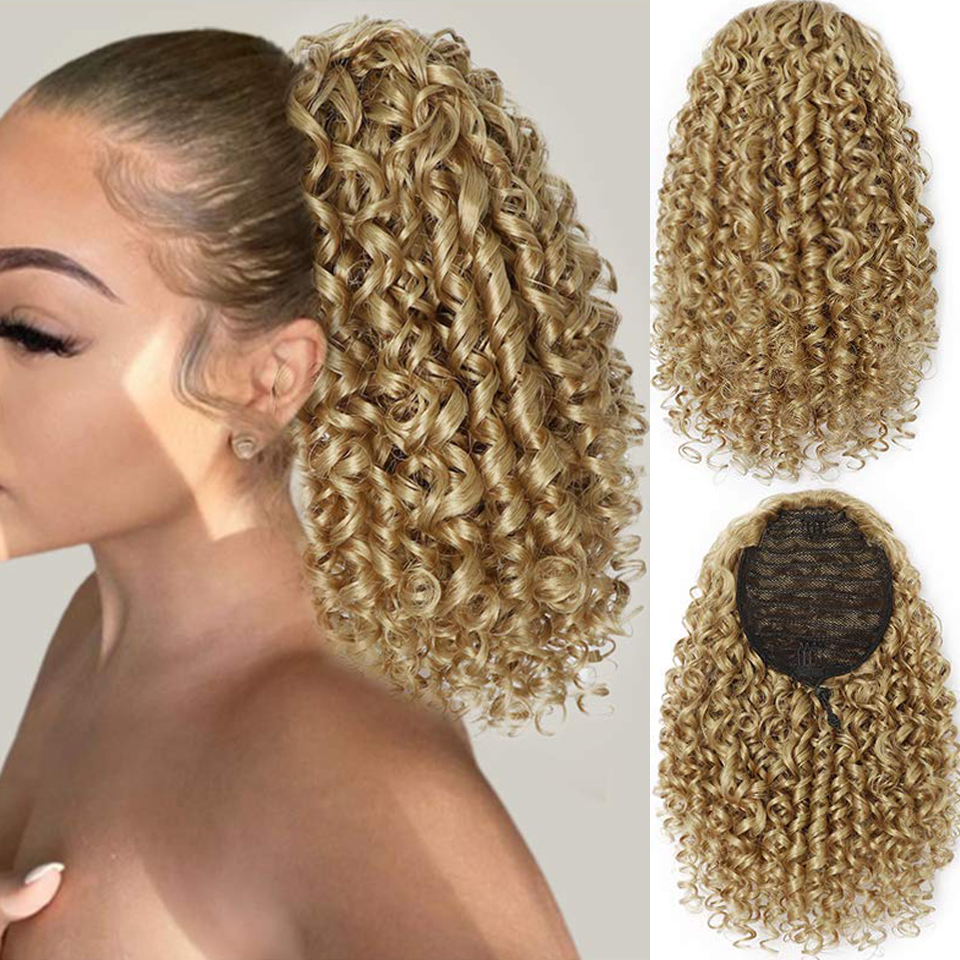 Long Kinky Curly Drawstring Ponytail for Black Women Black Mixed Red Color with Clip-in Hairpiece