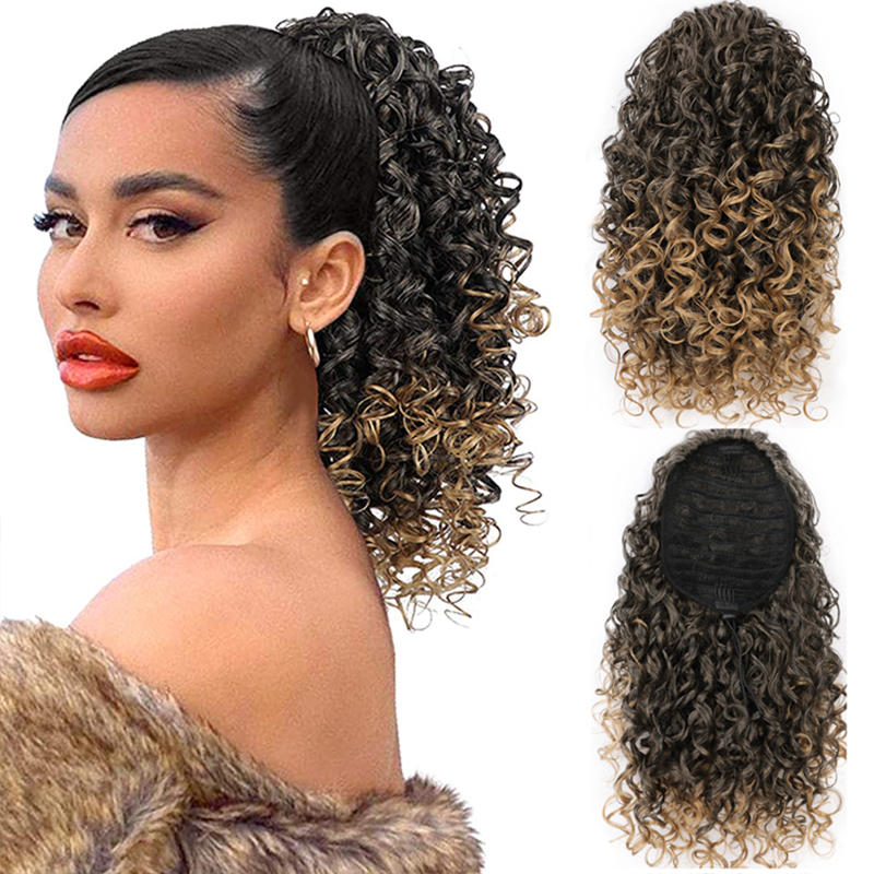 Long Kinky Curly Drawstring Ponytail for Black Women Black Mixed Red Color with Clip-in Hairpiece