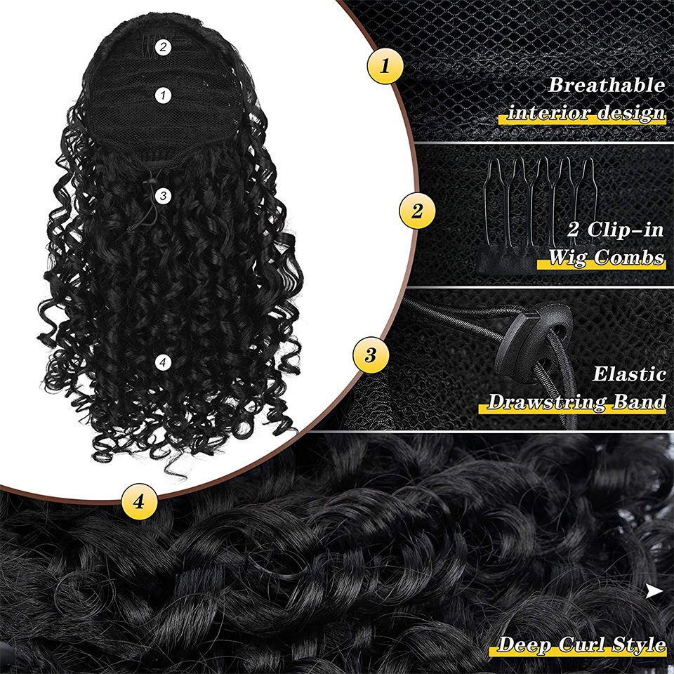 Long Kinky Curly Drawstring Ponytail for Black Women Black Mixed Red Color with Clip-in Hairpiece