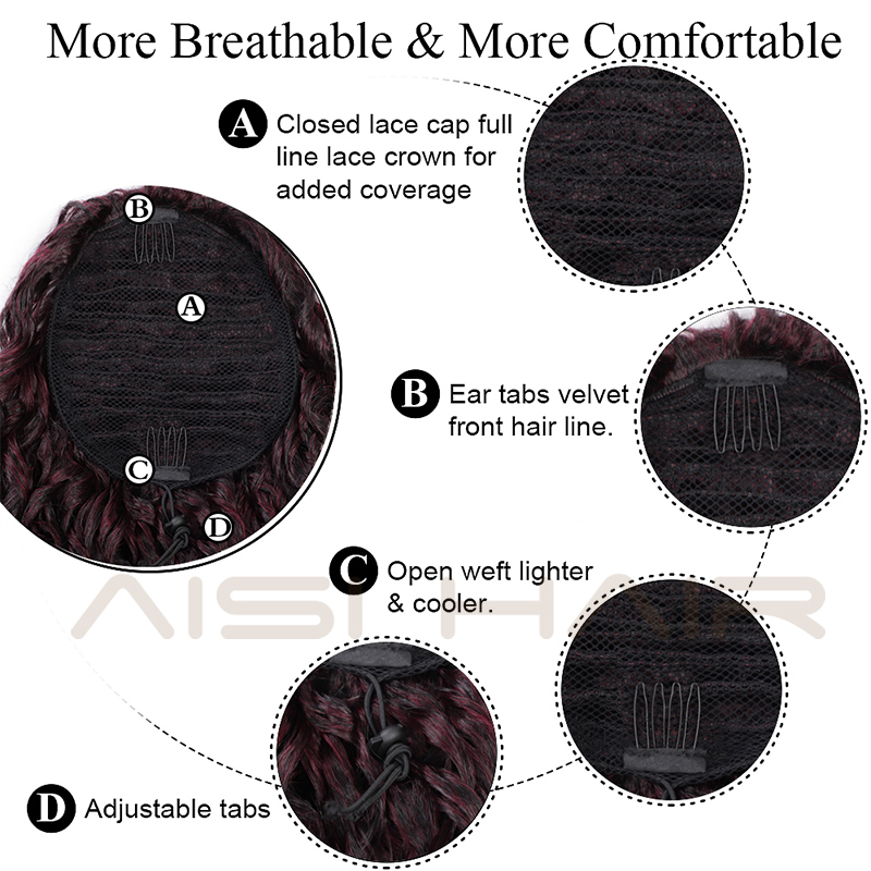 Long Kinky Curly Drawstring Ponytail for Black Women Black Mixed Red Color with Clip-in Hairpiece