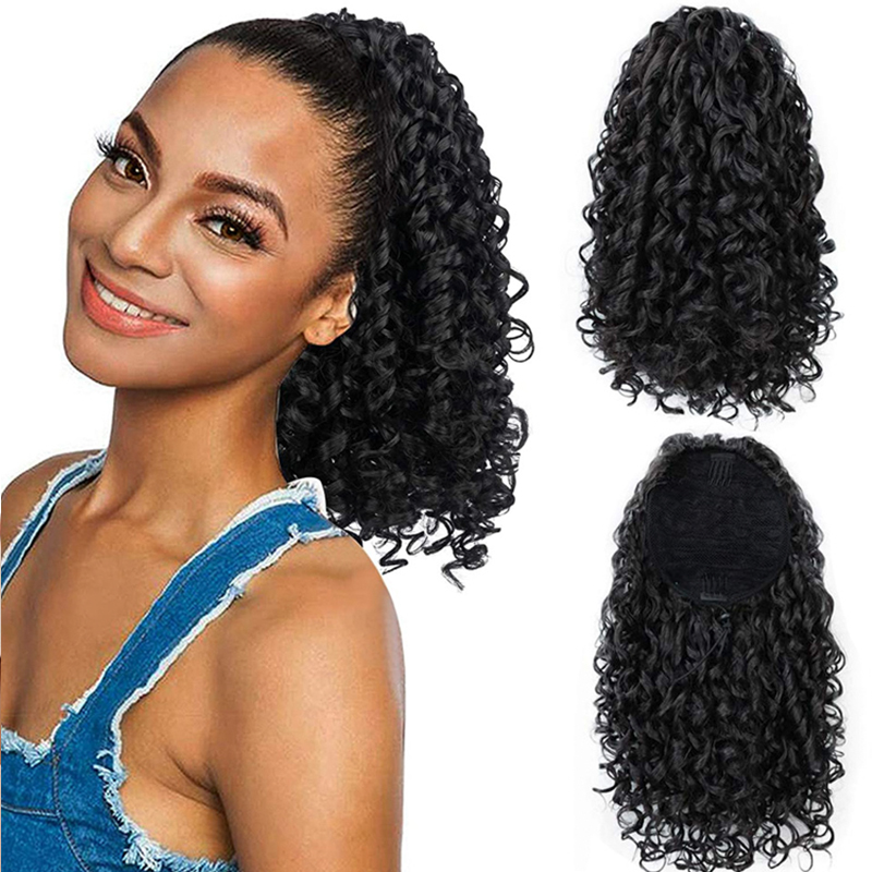 Long Kinky Curly Drawstring Ponytail for Black Women Black Mixed Red Color with Clip-in Hairpiece