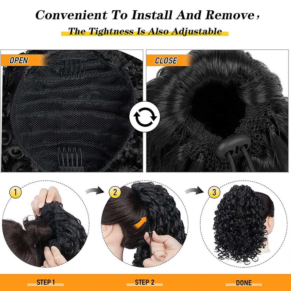 Long Kinky Curly Drawstring Ponytail for Black Women Black Mixed Red Color with Clip-in Hairpiece