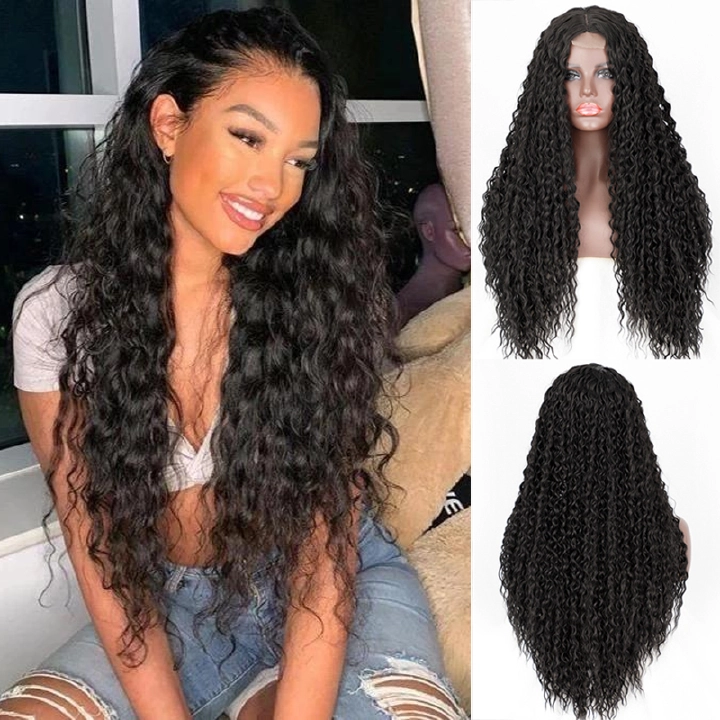 Synthetic Wigs Long Curly Black Wig for Black Women Middle Part Hairline High Temperature Fiber Mini Lace Front Wigs