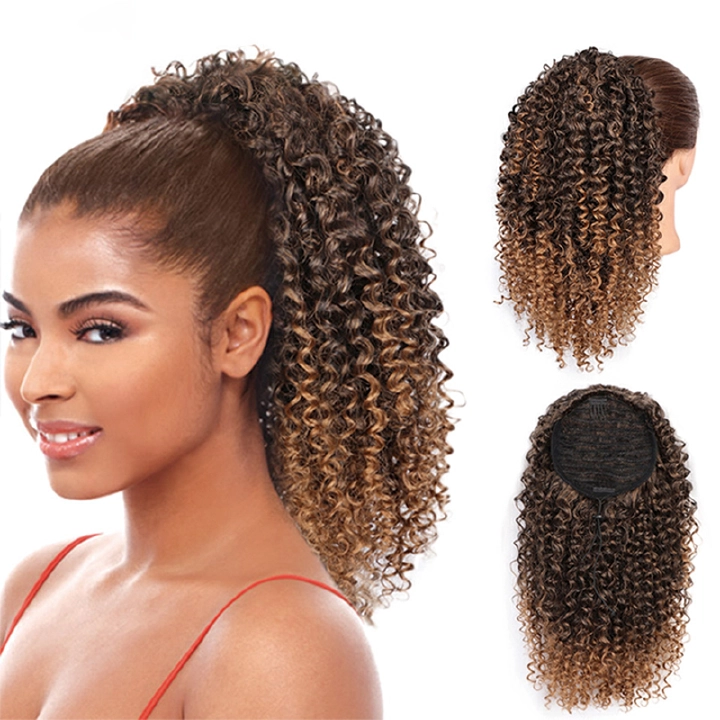 Short Afro Curly Ponytail Hair Piece Synthetic Curly Ponytail Extension for Black Women Brown Ombre Color Drawstring Ponytail for African Women
