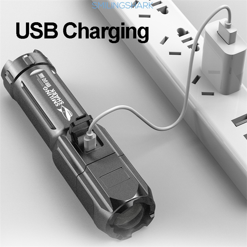 Super Bright ABS Strong Light Focusing Led Flashlight Outdoor Portable Home Built-in Battery Rechargeable Multi-function Torch