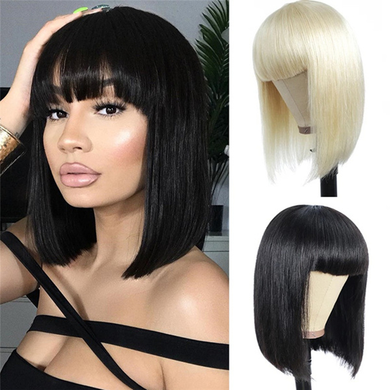 New Fashion Bob Short Human Hair Wig With Bangs Soft Hair Full Head None Lace Wigs