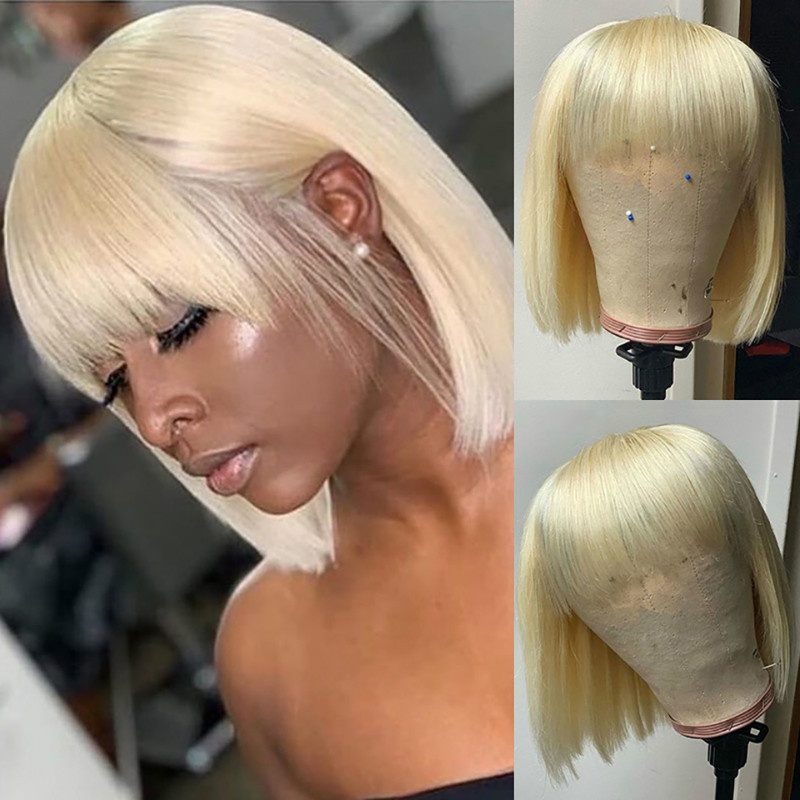 New Fashion Bob Short Human Hair Wig With Bangs Soft Hair Full Head None Lace Wigs