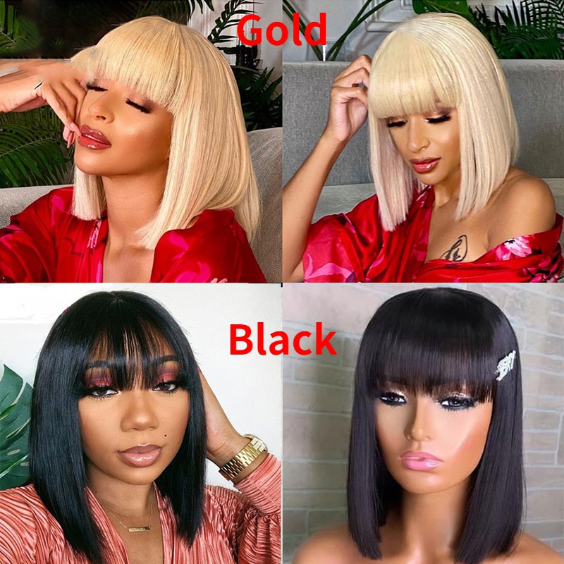New Fashion Bob Short Human Hair Wig With Bangs Soft Hair Full Head None Lace Wigs