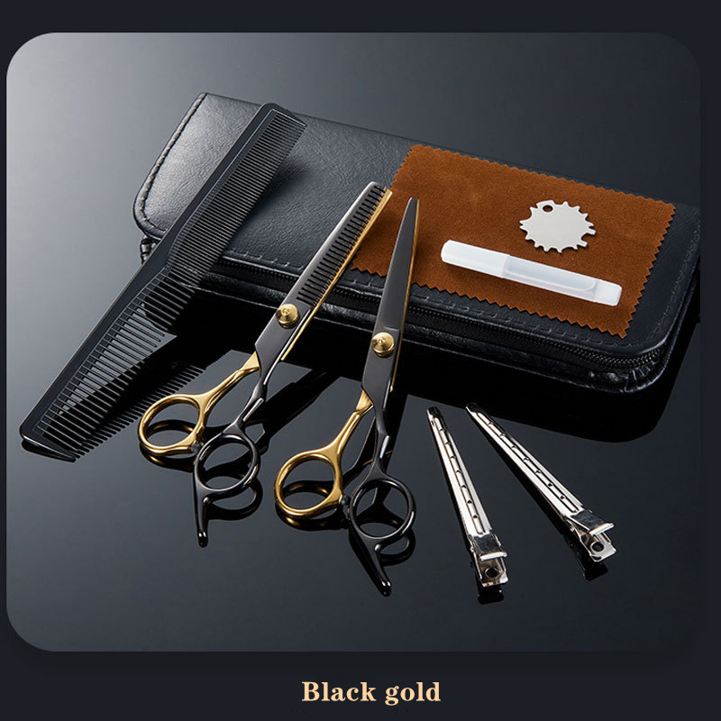 Professional barber scissors Black gold hairdressing scissors Tool set scissors Hair clipper Liu Hai Flat Tooth Scissors