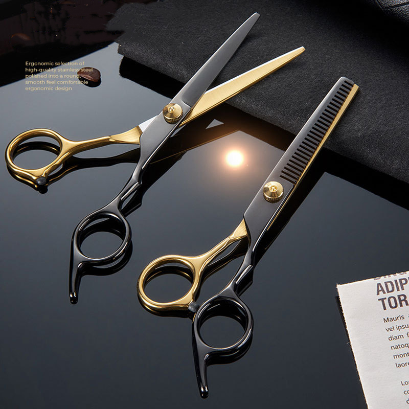 Professional barber scissors Black gold hairdressing scissors Tool set scissors Hair clipper Liu Hai Flat Tooth Scissors