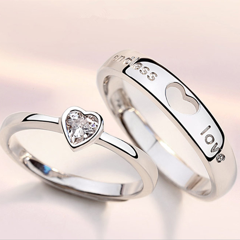 2Pcs/set Love Heart Matching Couple Rings / Wedding Ring for Women Men Valentine's Day Jewelry I love you heart diamond ring