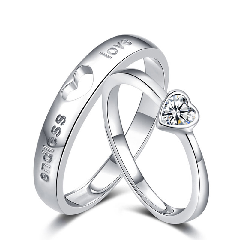 2Pcs/set Love Heart Matching Couple Rings / Wedding Ring for Women Men Valentine's Day Jewelry I love you heart diamond ring