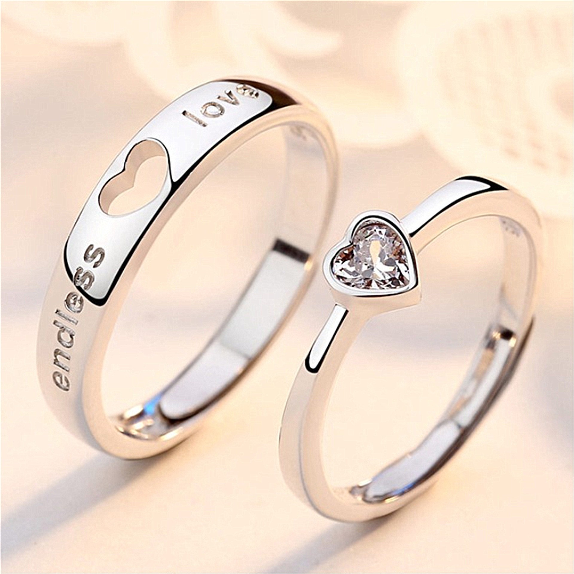 2Pcs/set Love Heart Matching Couple Rings / Wedding Ring for Women Men Valentine's Day Jewelry I love you heart diamond ring