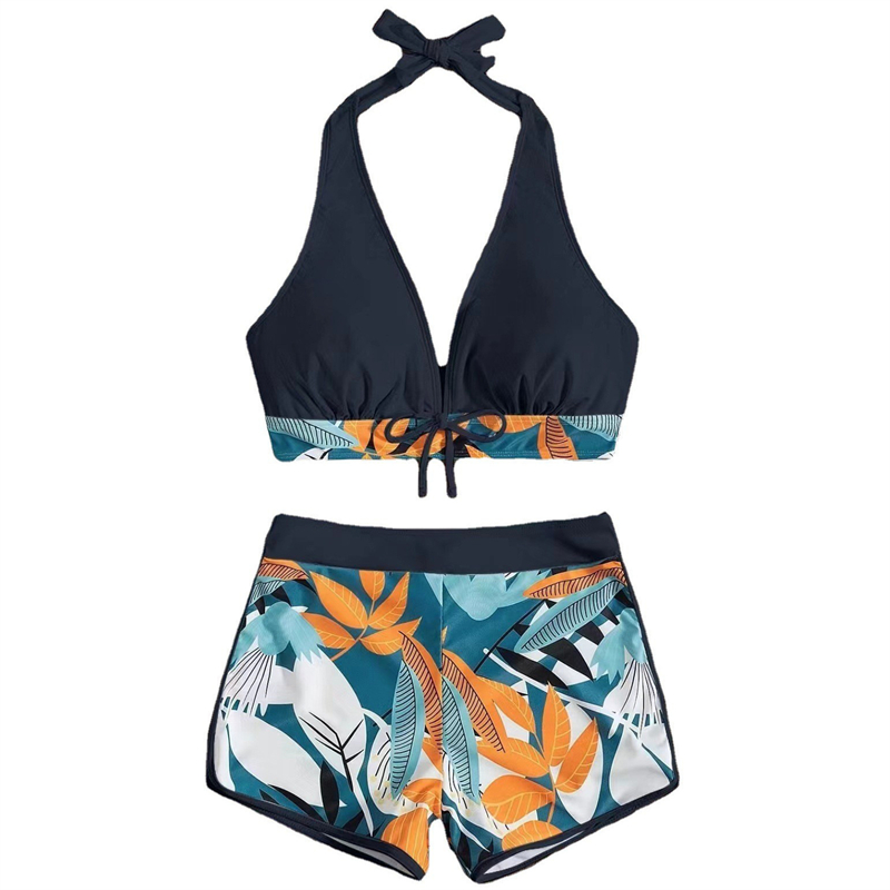 New Women's Swimwear Set Split High Waist Panel Lace Up Flat Angle Sporty Surfing Bikini Set