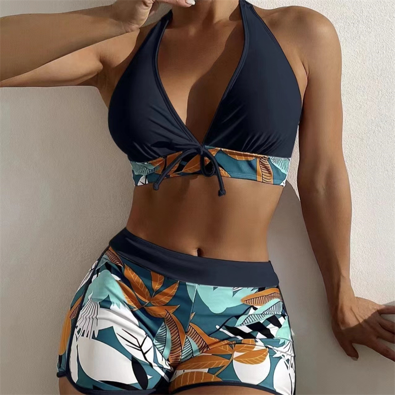 New Women's Swimwear Set Split High Waist Panel Lace Up Flat Angle Sporty Surfing Bikini Set