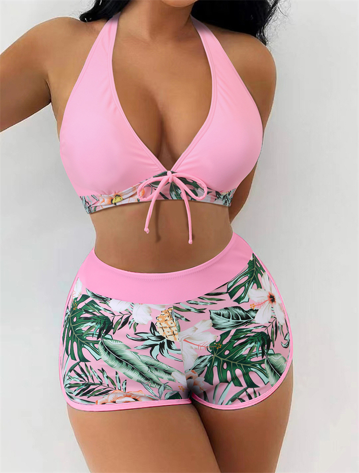 New Women's Swimwear Set Split High Waist Panel Lace Up Flat Angle Sporty Surfing Bikini Set