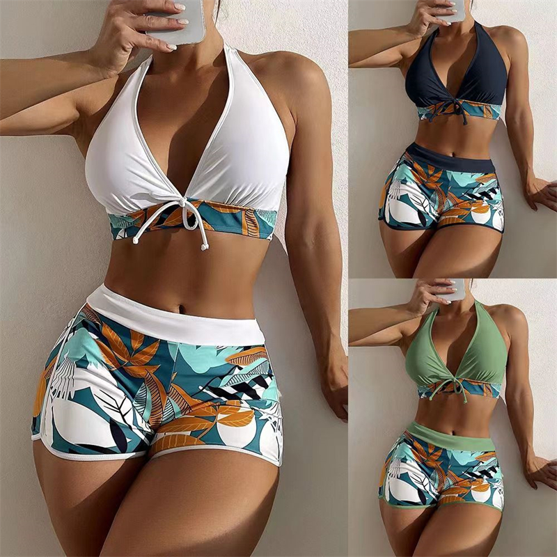 New Women's Swimwear Set Split High Waist Panel Lace Up Flat Angle Sporty Surfing Bikini Set