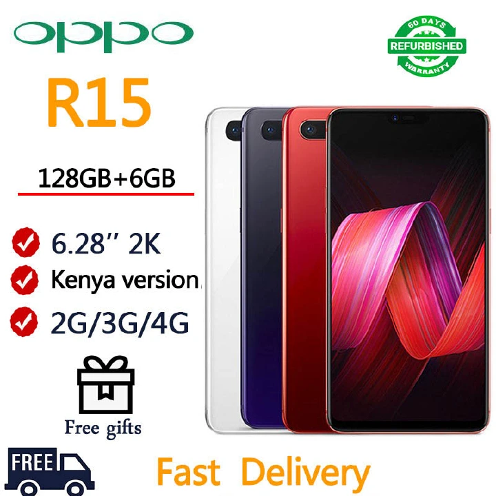Refurbished OPPO R15 Full Screen 128GB+6GB 6.28inch  2G/3G/4G LTE Dual SIM card 3450mAh AI Camera 16MP+20MP+5MP  Unlocked phones
