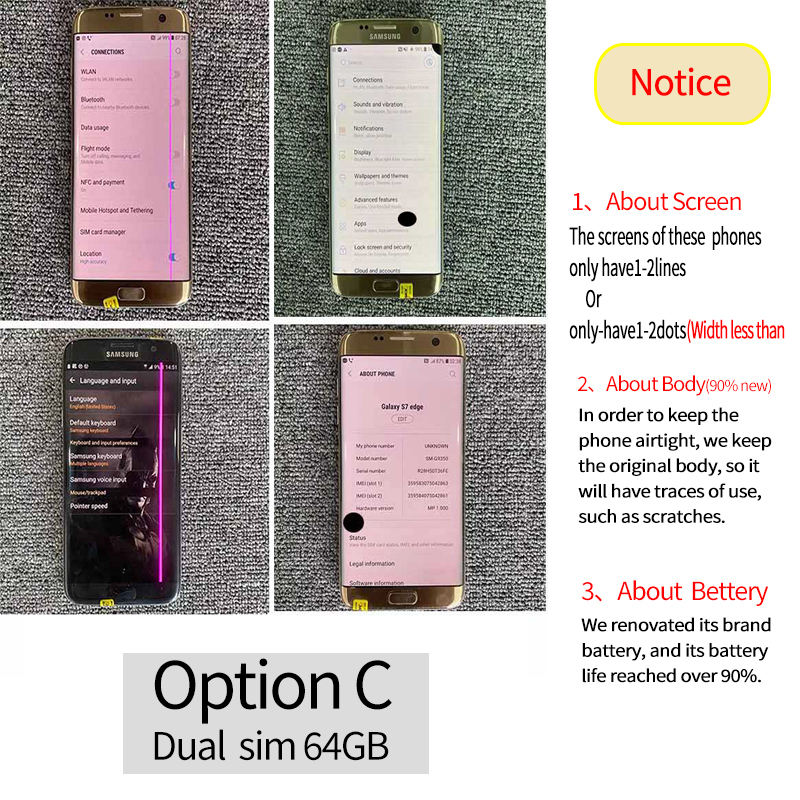 Refurbished Samsung Galaxy S7 Edge G9350 5.5'' Dual Nano SIM 4GB+32GB 5MP+12MP 2G/3G/4G LTE 3600mAh Screen lines and dots Unlocked phones