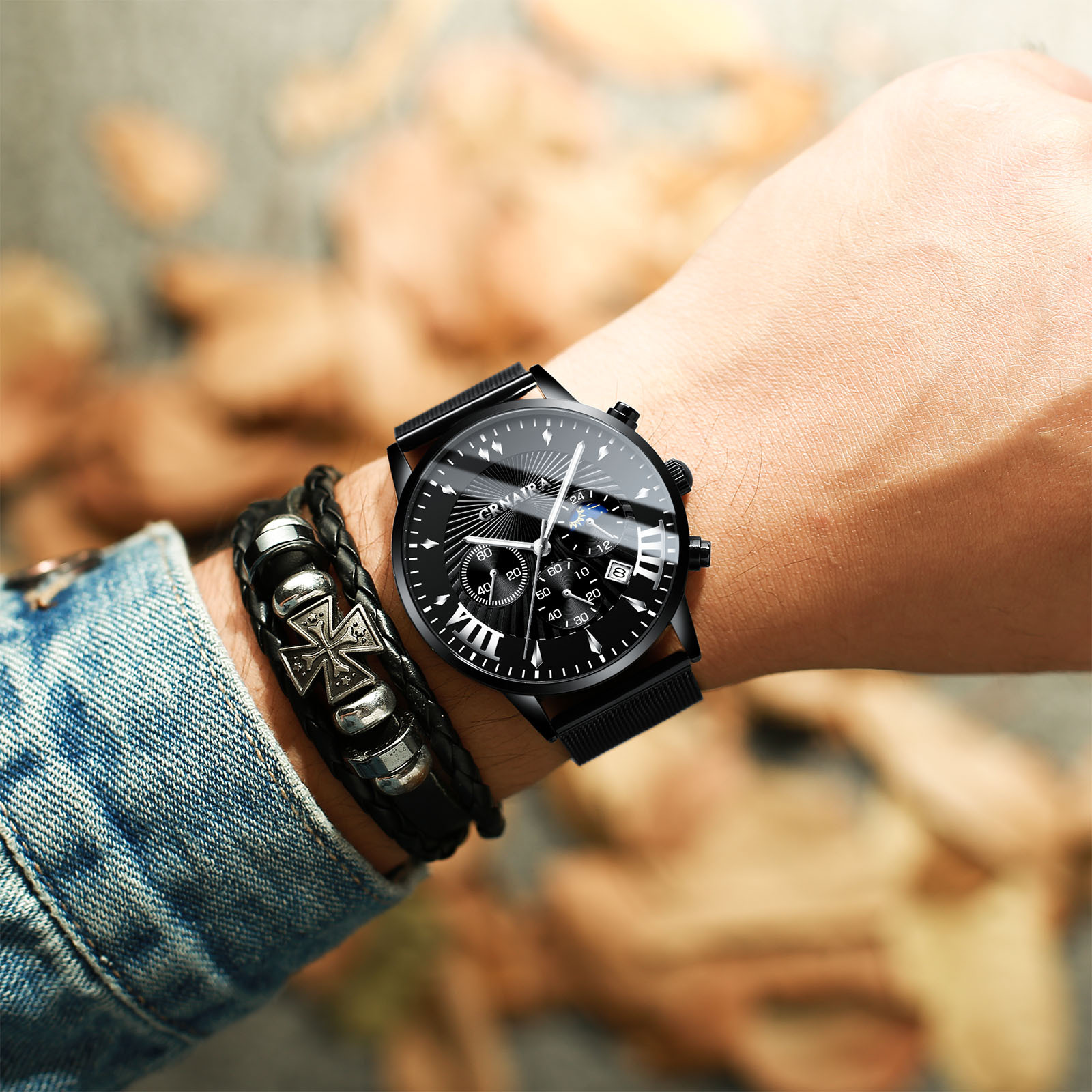 new cross-border watch men&apos;s explosive quartz watch imitation three-eye waterproof source