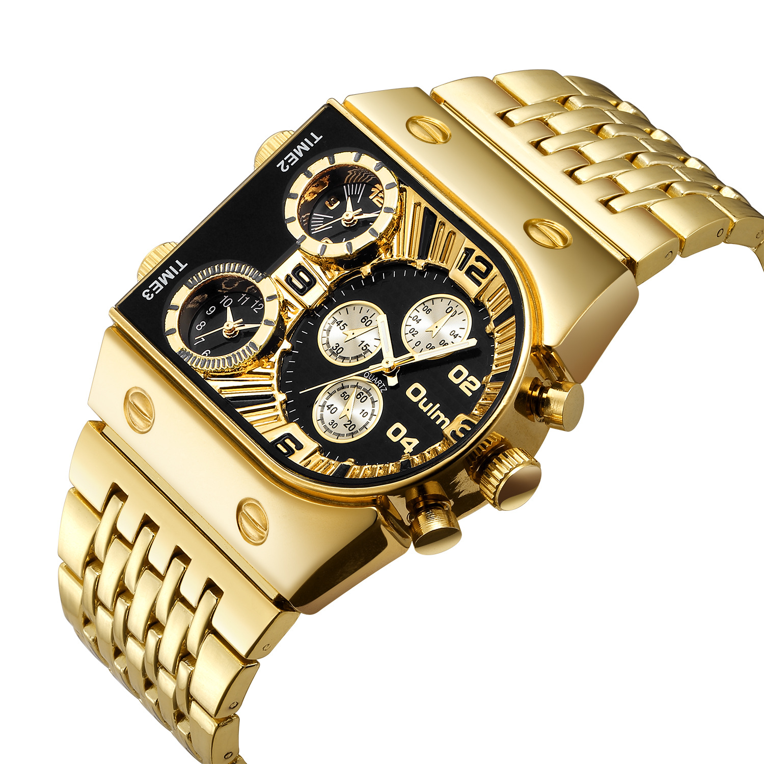 Oulm new multi-time zone large dial luminous men&apos;s watch steel belt casual cross-border quartz watch