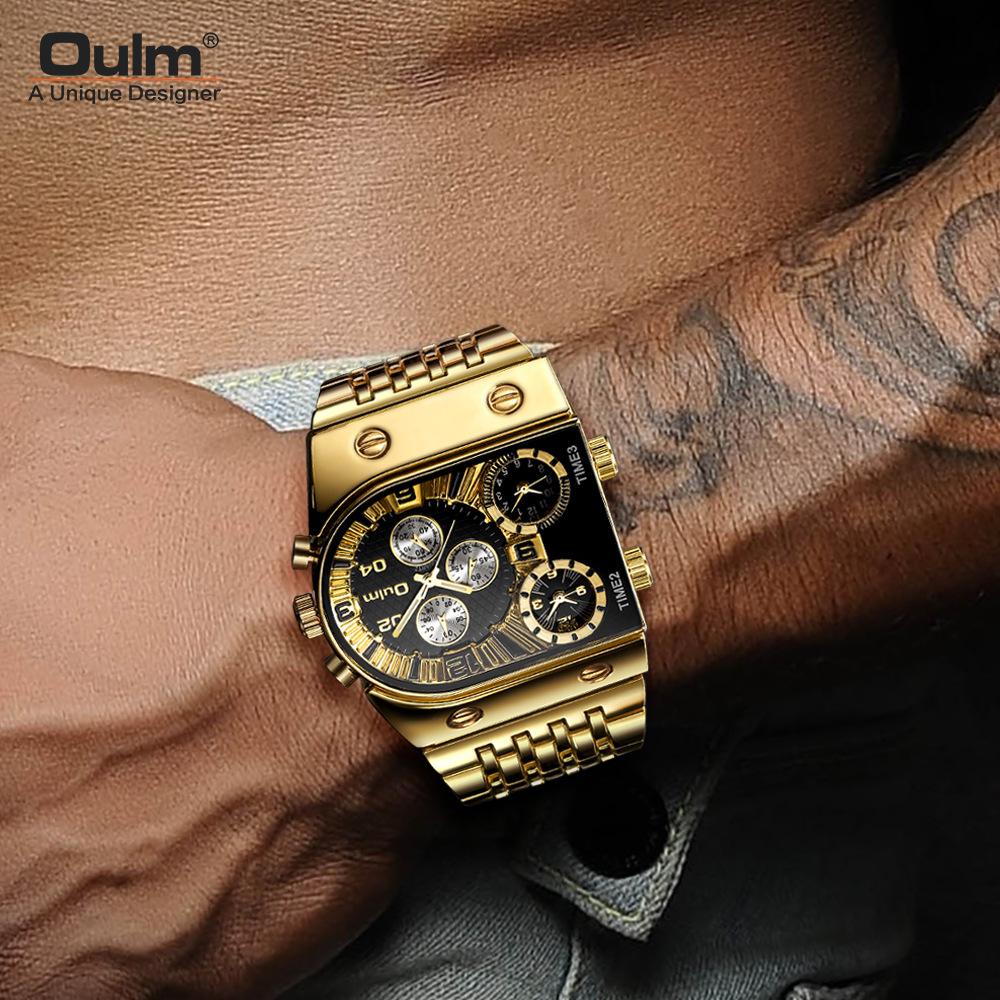 Oulm new multi-time zone large dial luminous men&apos;s watch steel belt casual cross-border quartz watch