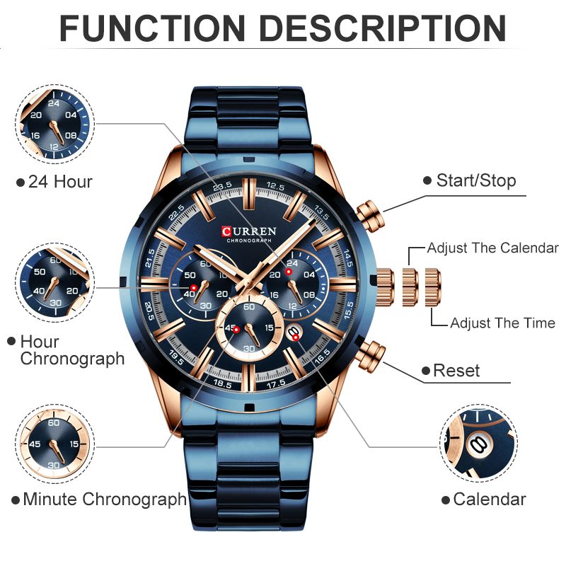 CURREN Men Watch Top Brand Luxury Sports Quartz Mens Watches Full Steel Waterproof Chronograph Wristwatch Men Relogio Masculino
