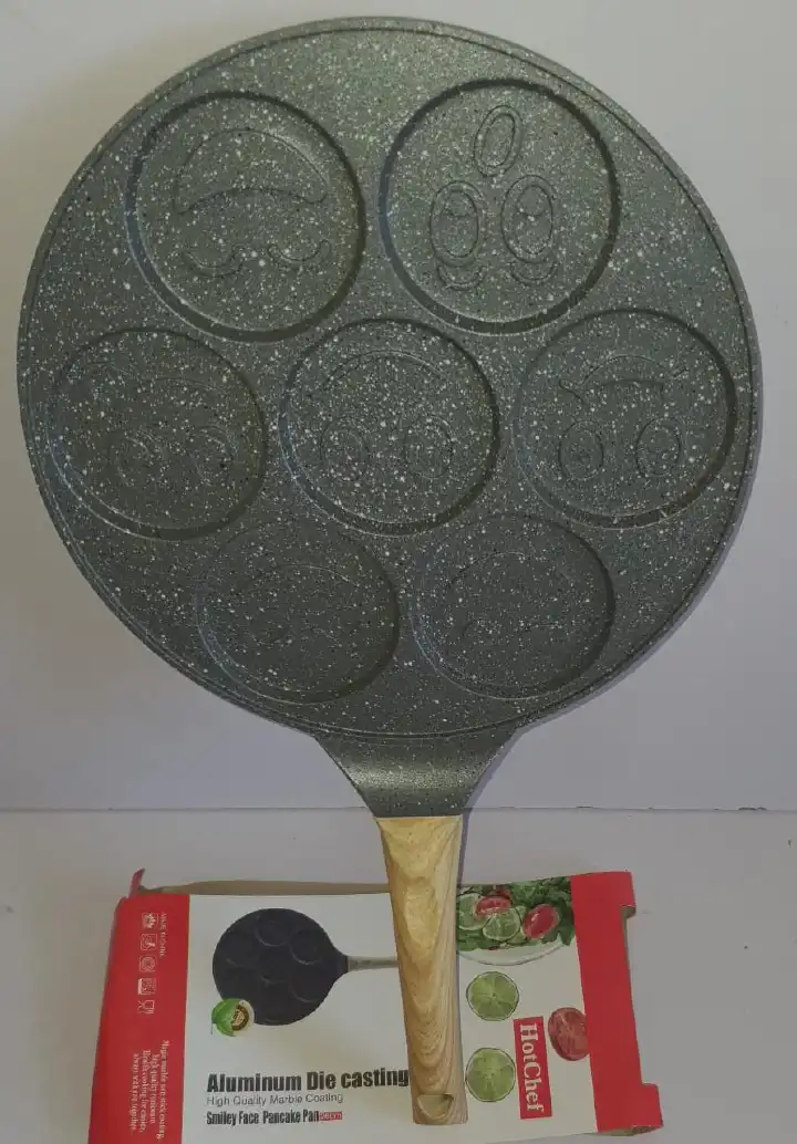 Kitchen 7 slot smiley face pancake heavy granite pan with wooden handle
