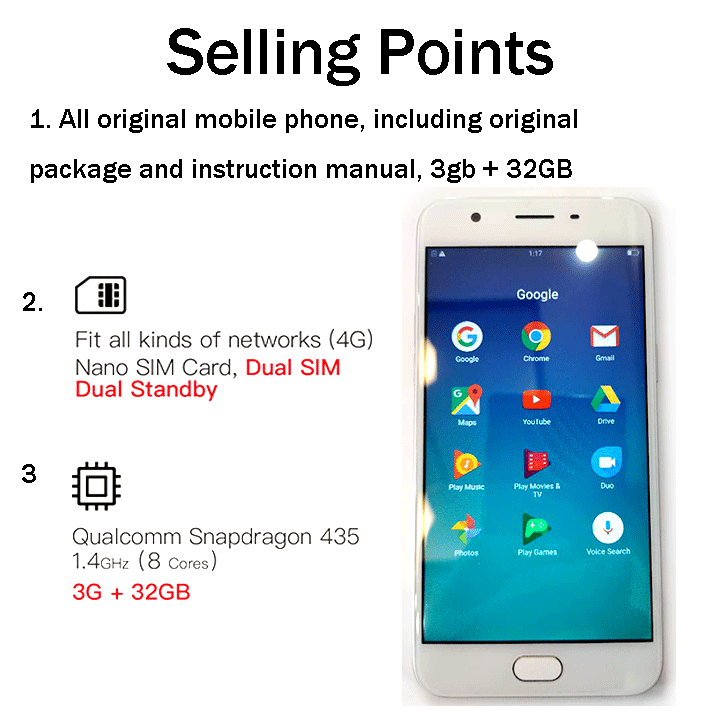 Refurbished phones OPPO A57 F1 100% original Dual Sim Card 5.2" screen, 3GB ram +32GB rom Google support, UMTS & LTE 4G, 16mp + 13mp cameras, 2900 mAh battery