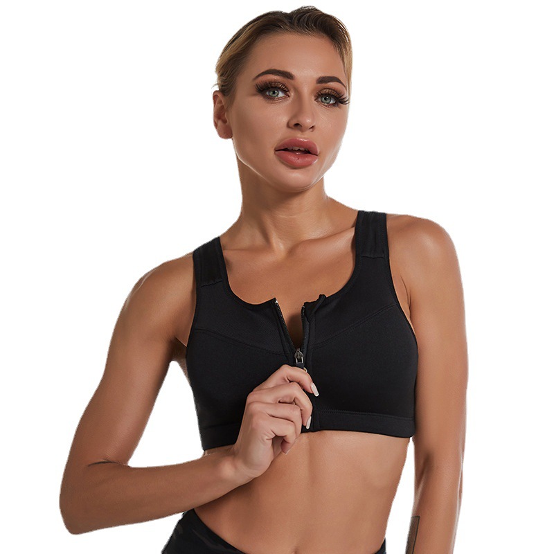 Large size front zipper sports bra without steel ring gather yoga fitness running ladies shockproof underwear beauty vest