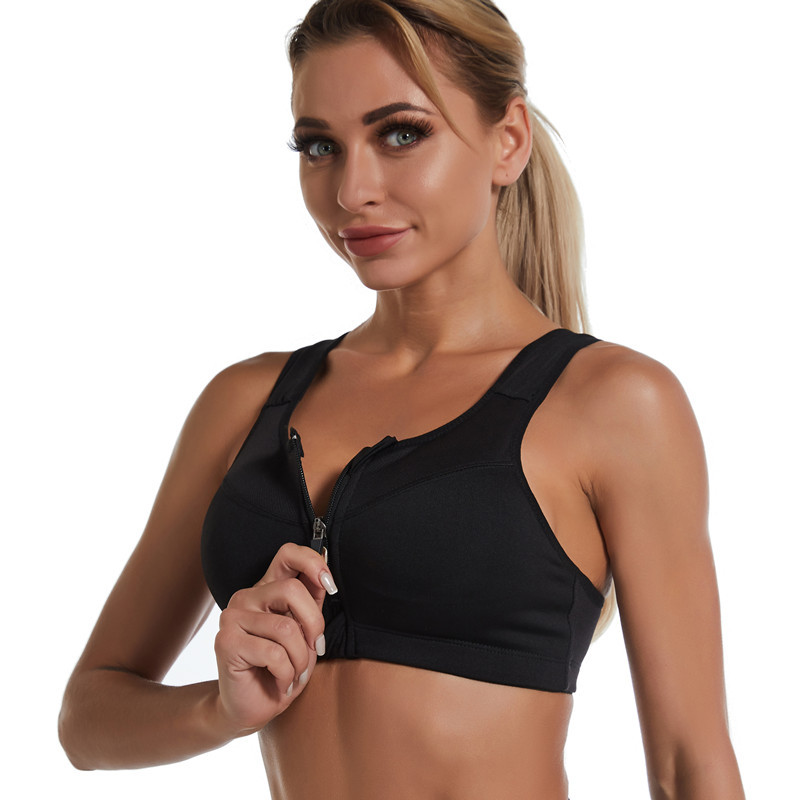 Large size front zipper sports bra without steel ring gather yoga fitness running ladies shockproof underwear beauty vest