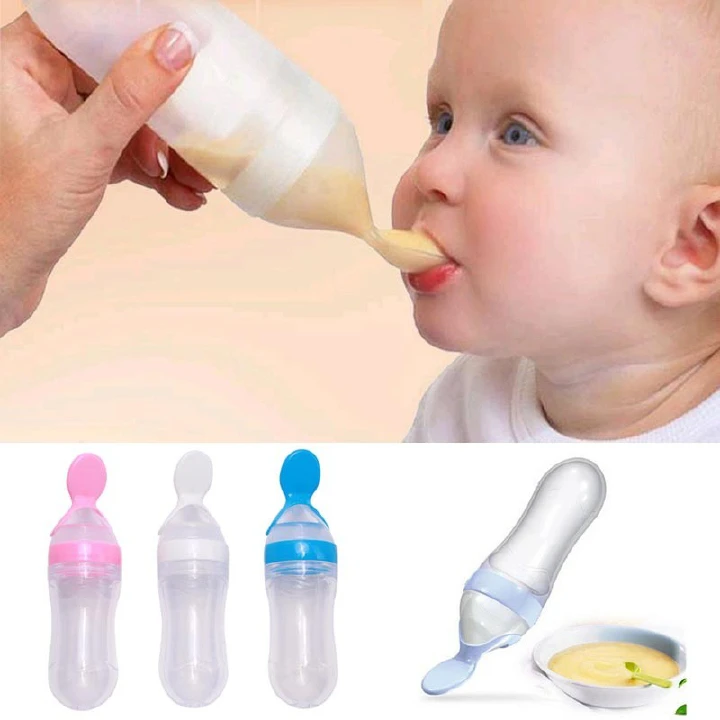 90ml Silicone Feeding Baby Bottle with Spoon Tip Squeezing Baby Feeding Bottles Multipurpose Silicone Baby Bottle Baby Weaning Bottle 1Pc