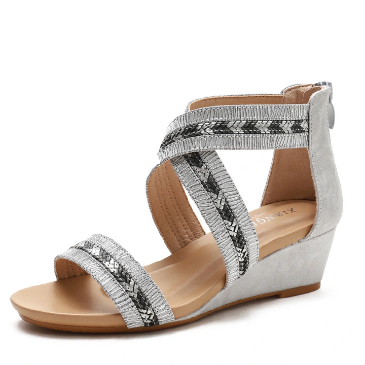 Wedge heel sandals women's summer non slip one-sided open toe Roman shoes back zipper large women's shoes