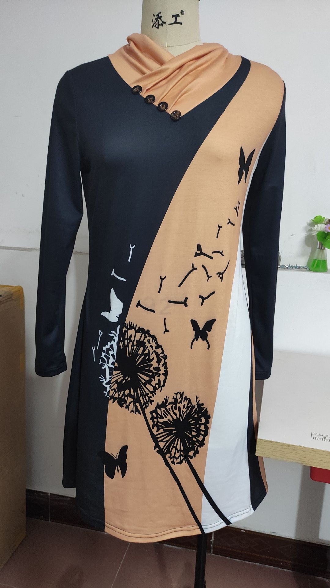 ladies dresses ladies dress dresses for women Dresses Women Clothes  New women's long sleeve printed middle waist cross V collar button pullover dress