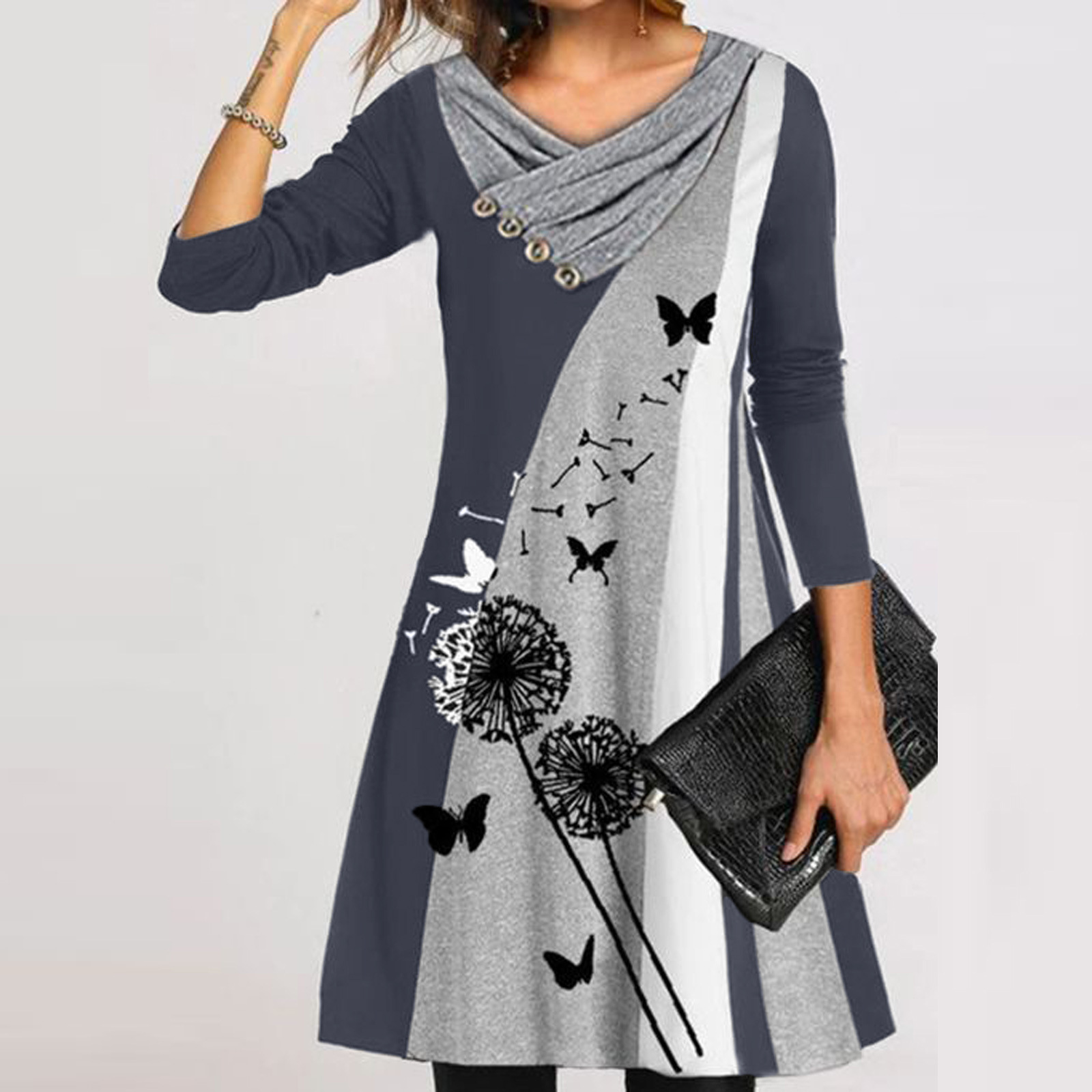 ladies dresses ladies dress dresses for women Dresses Women Clothes  New women's long sleeve printed middle waist cross V collar button pullover dress
