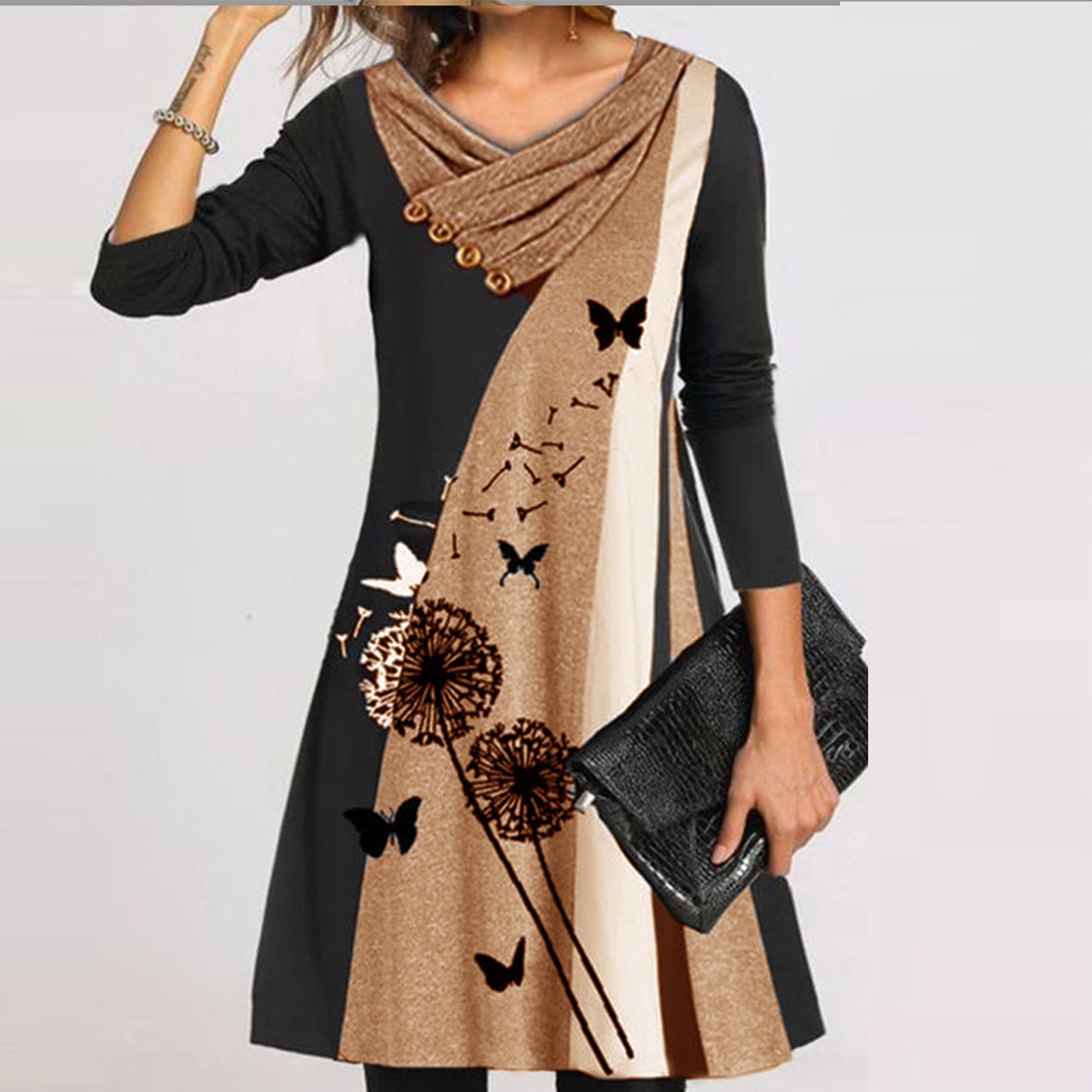 ladies dresses ladies dress dresses for women Dresses Women Clothes  New women's long sleeve printed middle waist cross V collar button pullover dress