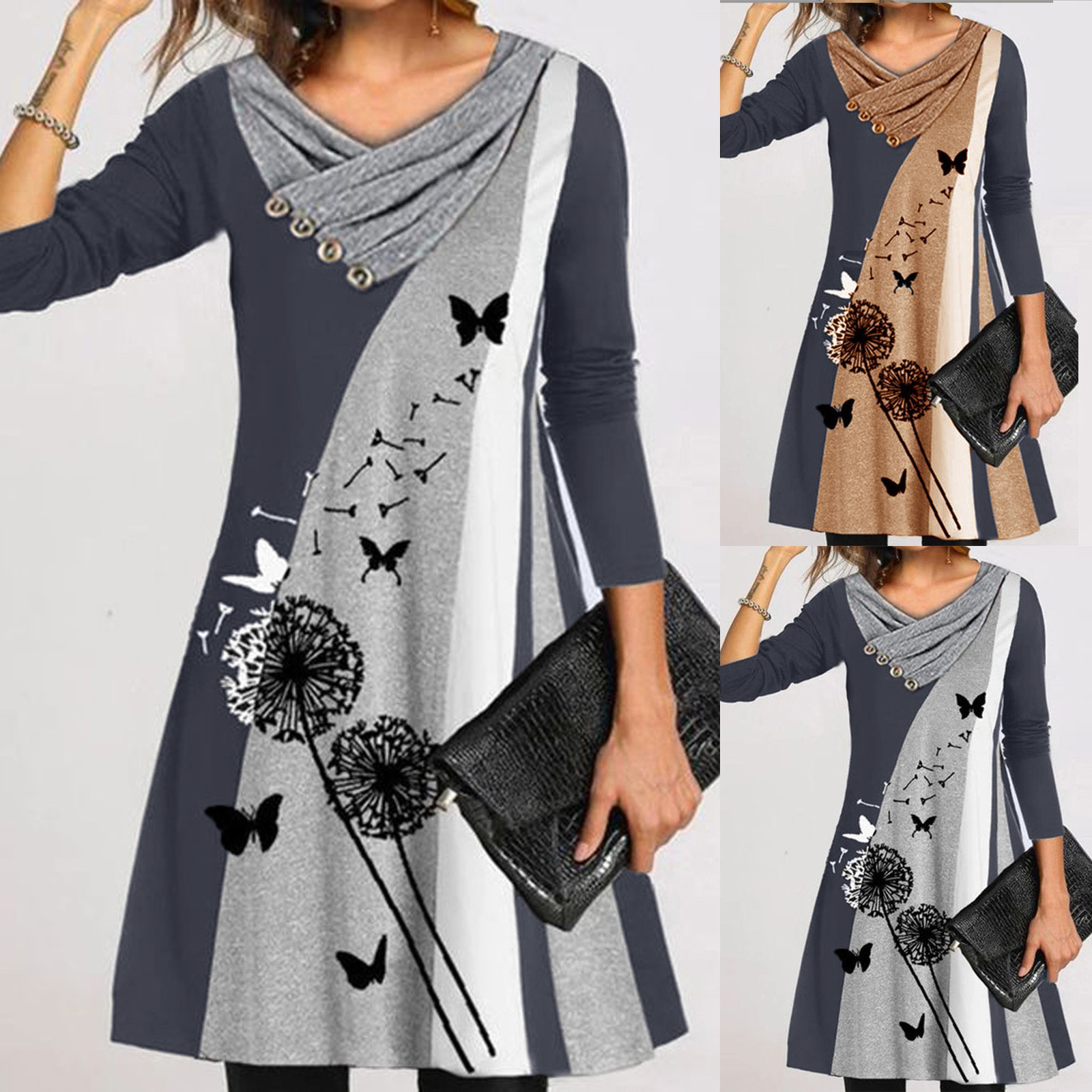 ladies dresses ladies dress dresses for women Dresses Women Clothes  New women's long sleeve printed middle waist cross V collar button pullover dress