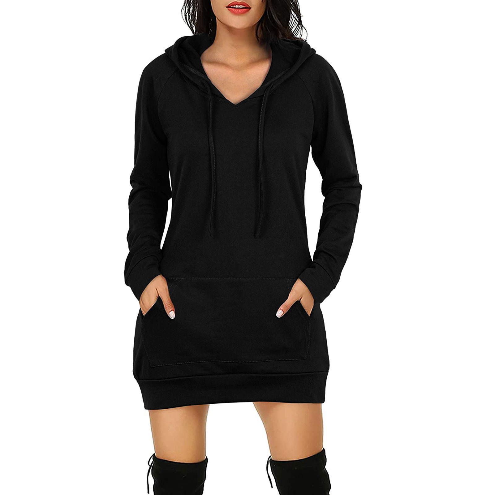 ladies dresses ladies dress dresses for women Dresses Women's Clothes Mid length Women's long sleeve Solid color pocket hoodie Dress