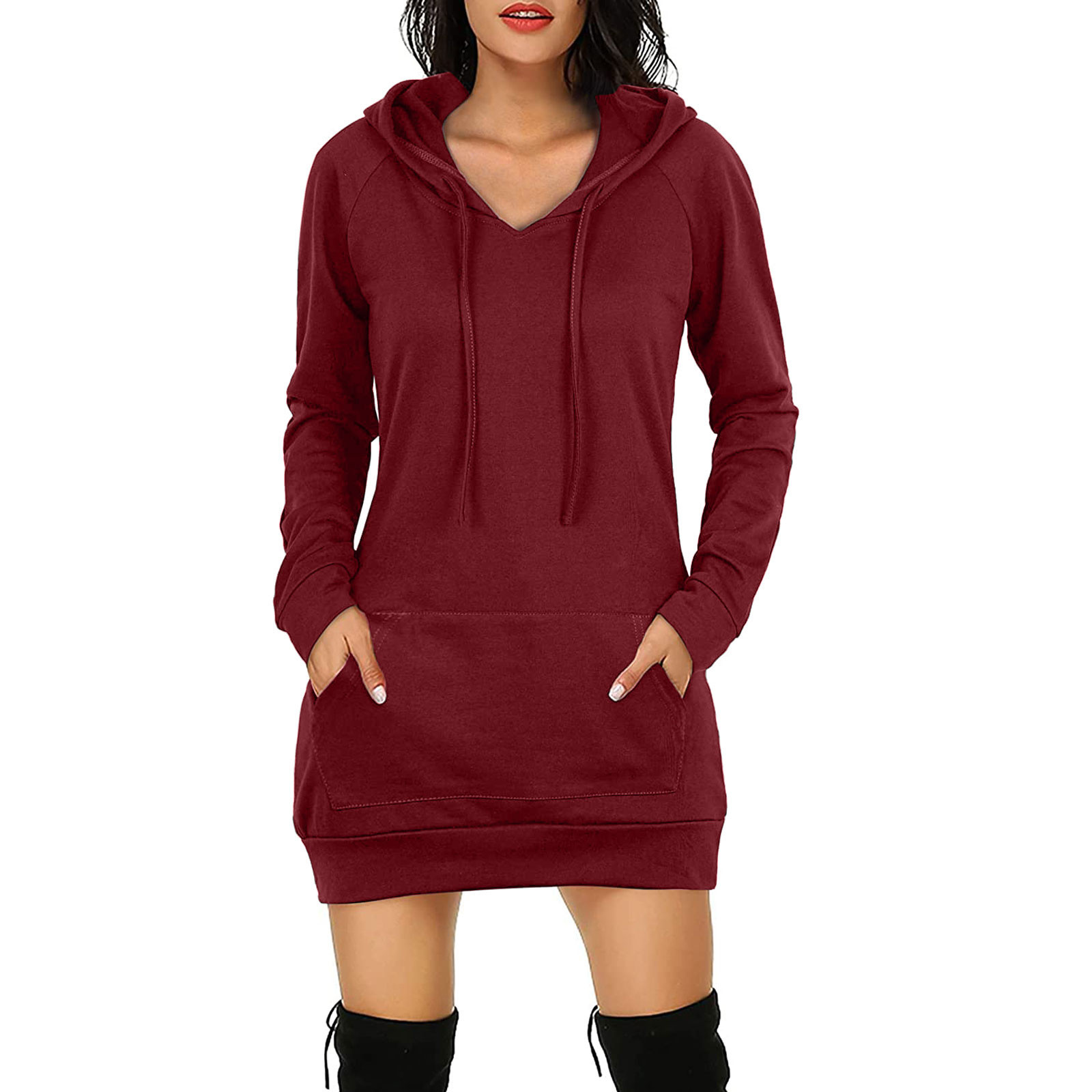 ladies dresses ladies dress dresses for women Dresses Women's Clothes Mid length Women's long sleeve Solid color pocket hoodie Dress