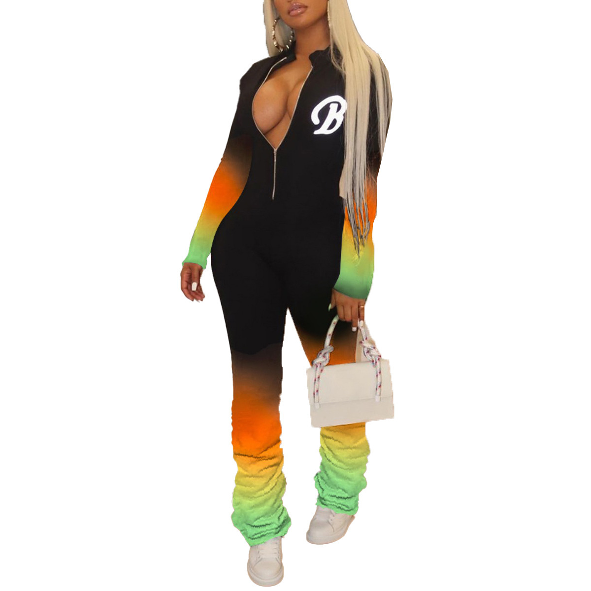 Trousers  Leggings Women's Clothes Large size new European and American women's long sleeves pleated chameleon jumpsuit