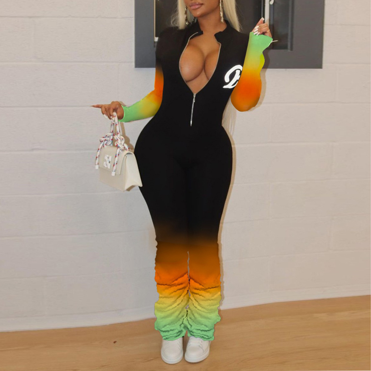Trousers  Leggings Women's Clothes Large size new European and American women's long sleeves pleated chameleon jumpsuit