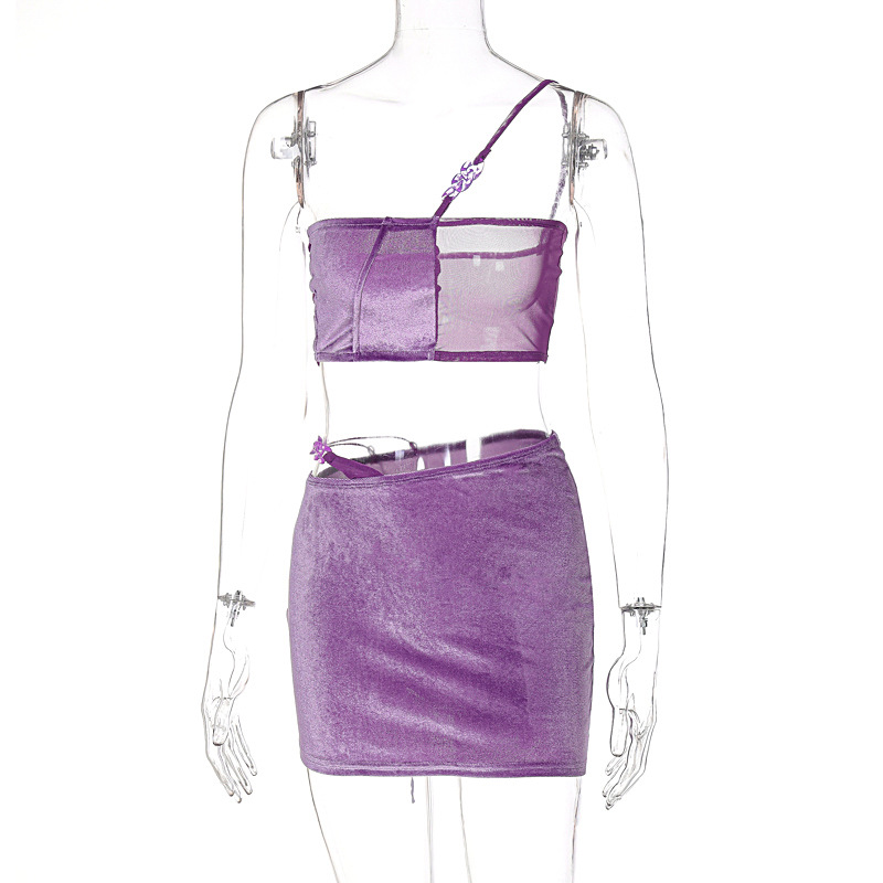 Suits Separates Women's Clothes Popular women's one-shoulder mesh stitching halter top skirt set
