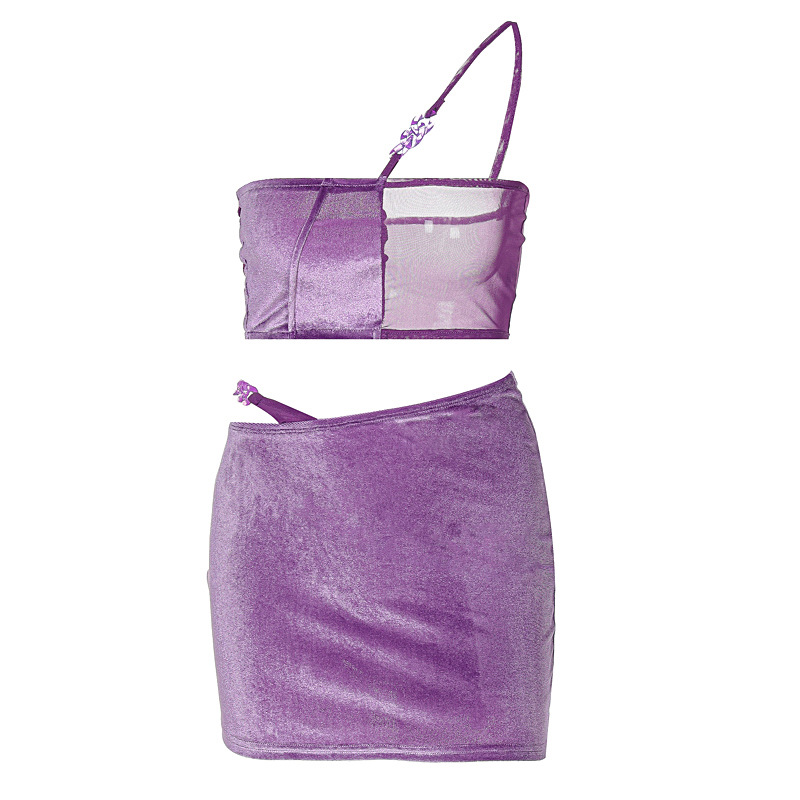 Suits Separates Women's Clothes Popular women's one-shoulder mesh stitching halter top skirt set