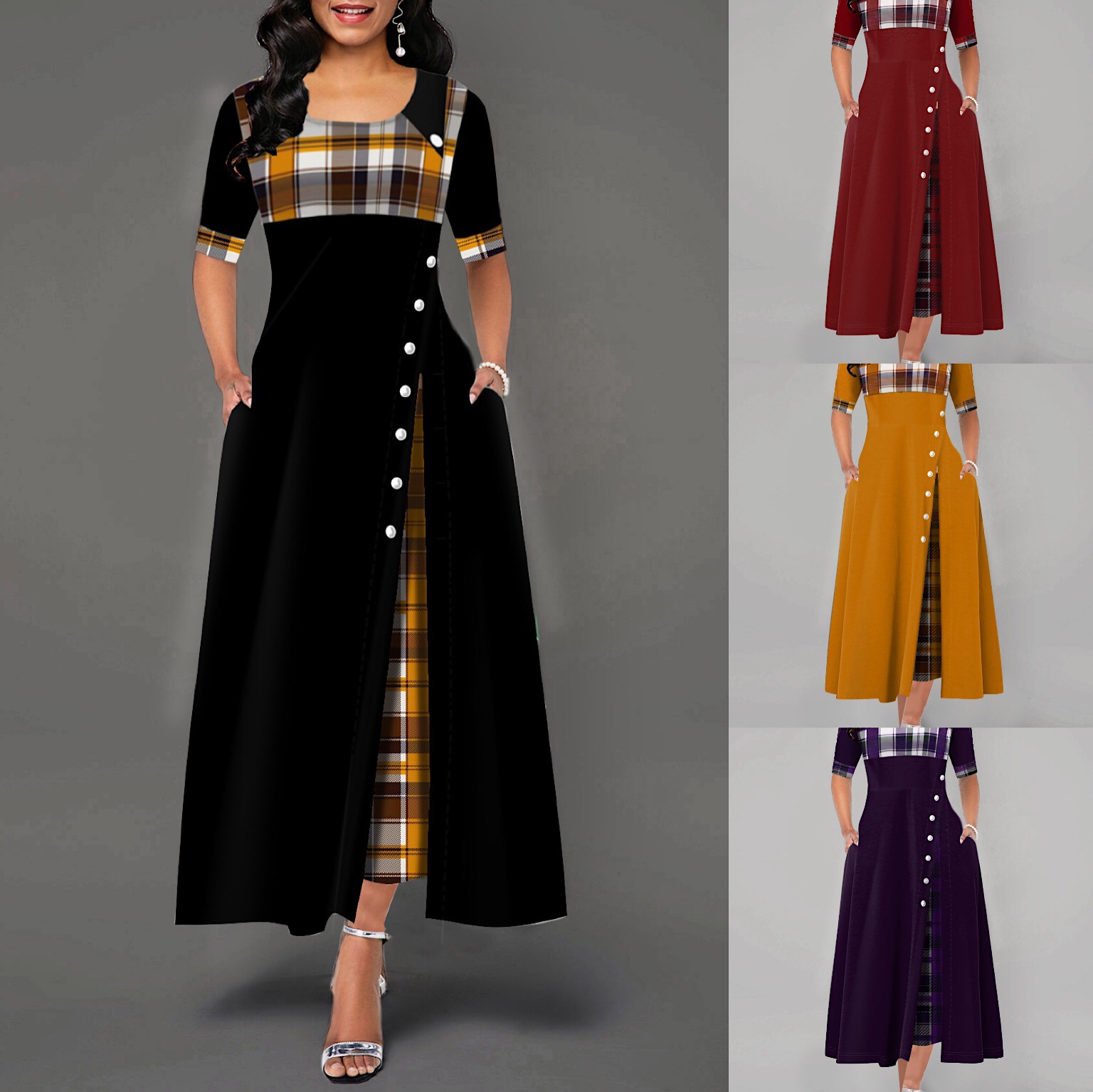 ladies dresses ladies dress dresses for women Dresses Women's Clothes New women's dress round collar against color middle sleeve irregular long dress